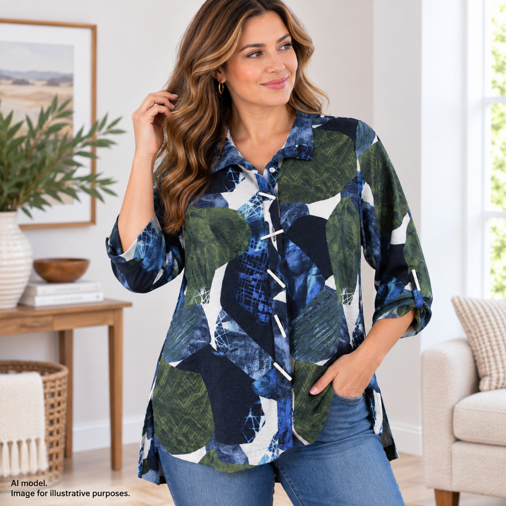 Ali Miles Shirt Womens Medium Blue Green Abstract Print Button Up 3/4 Sleeve Top